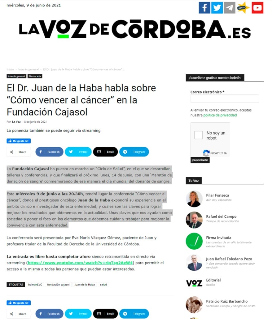 La Voz de Córdoba - Conferencia Cómo vencer el cáncer